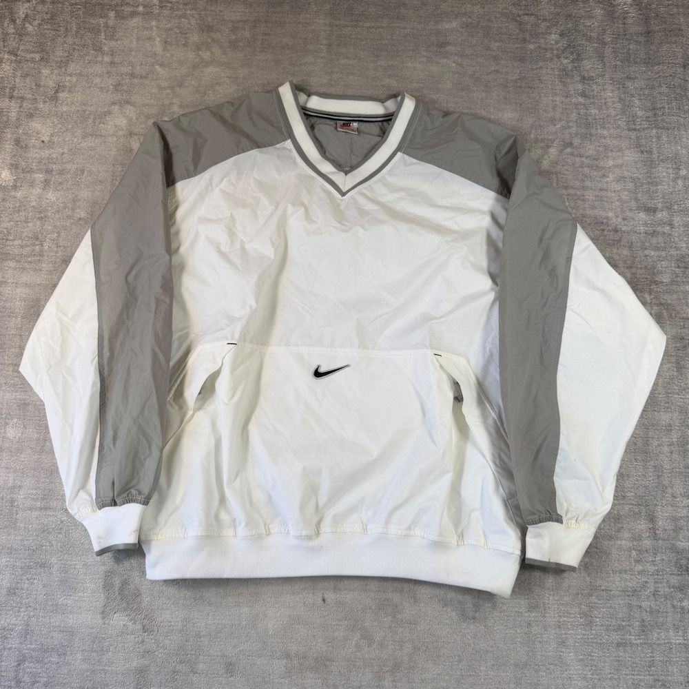 Nike Jacket Mens XL White V Neck Vintage Center Swoosh Windshirt Kangaroo Pouch